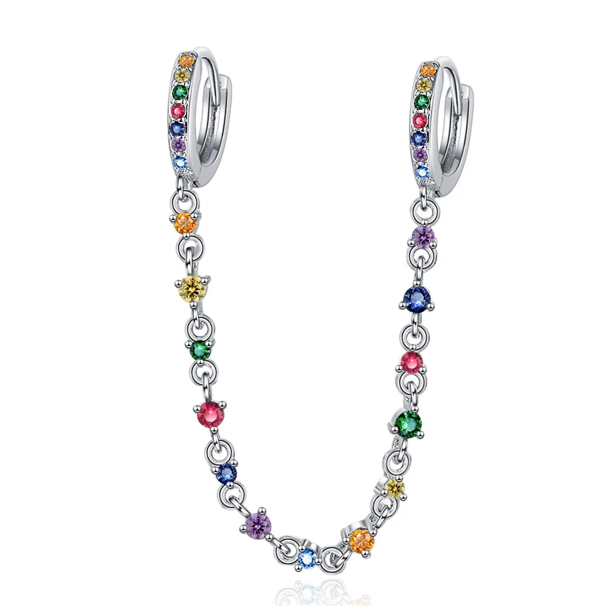 Cubic Zirconia & Silver-Plated Multicolor Chain Ear Cuff