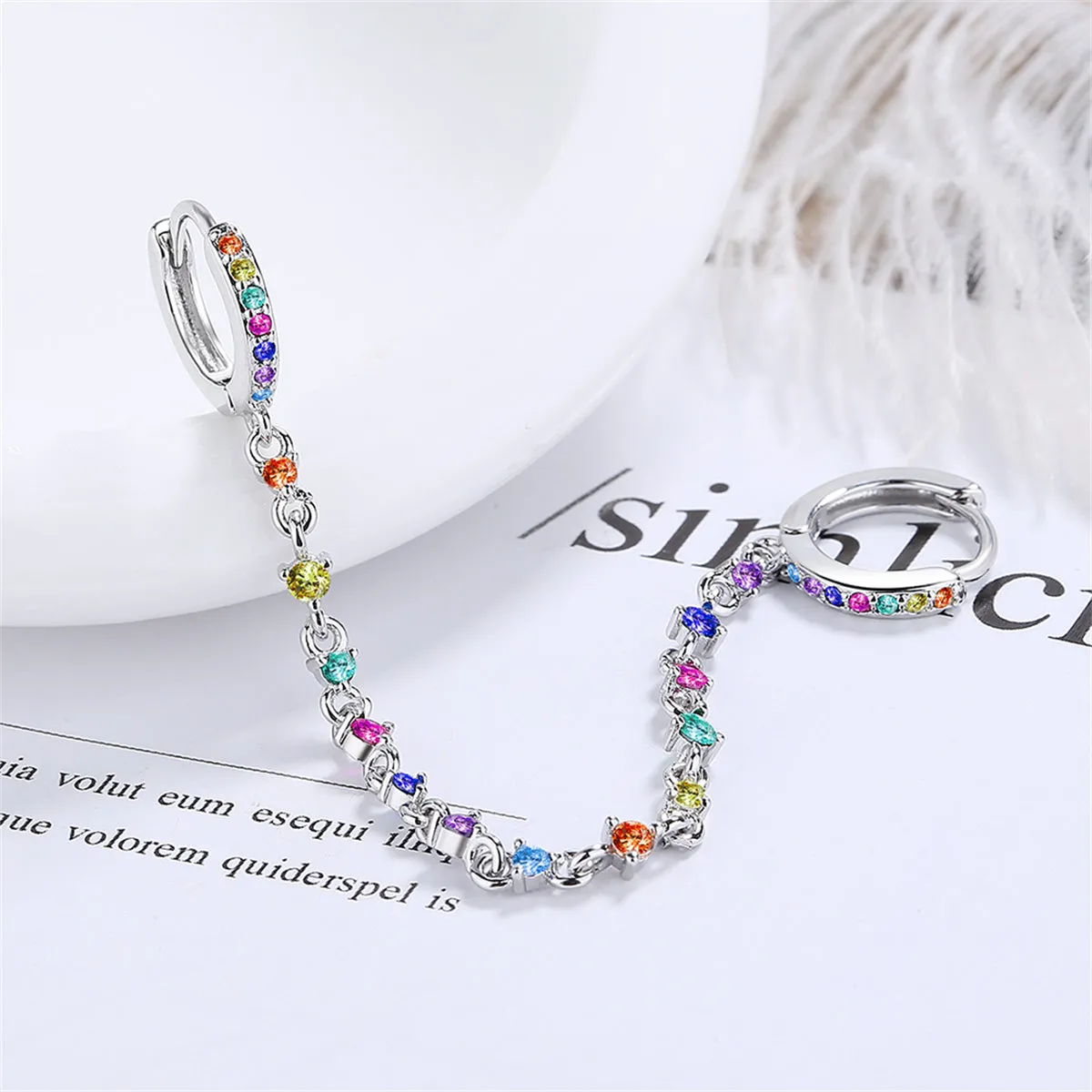 Cubic Zirconia & Silver-Plated Multicolor Chain Ear Cuff