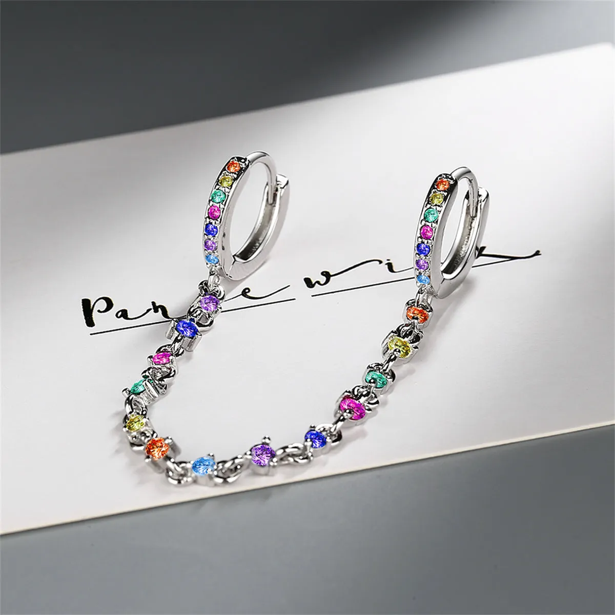 Cubic Zirconia & Silver-Plated Multicolor Chain Ear Cuff