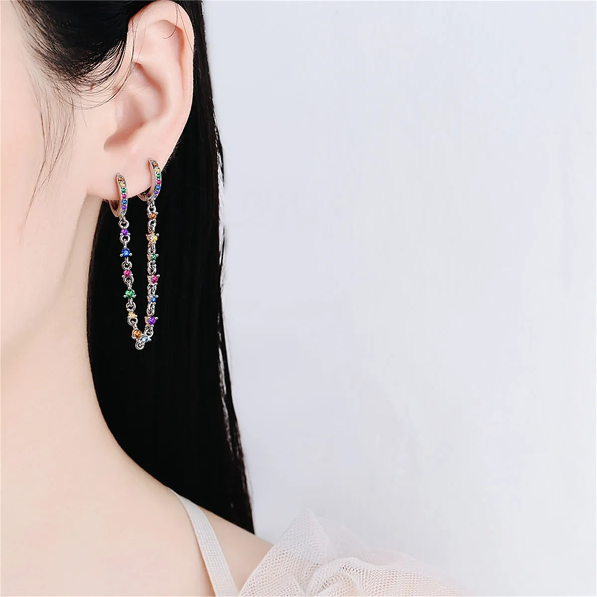 Cubic Zirconia & Silver-Plated Multicolor Chain Ear Cuff