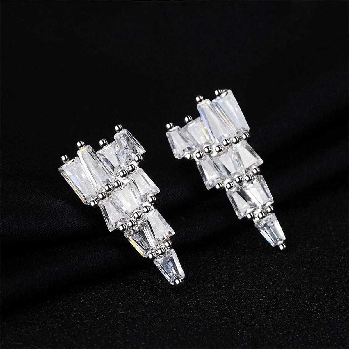 Cubic Zirconia & Silver-Plated Stacked Triangle Stud Earrings
