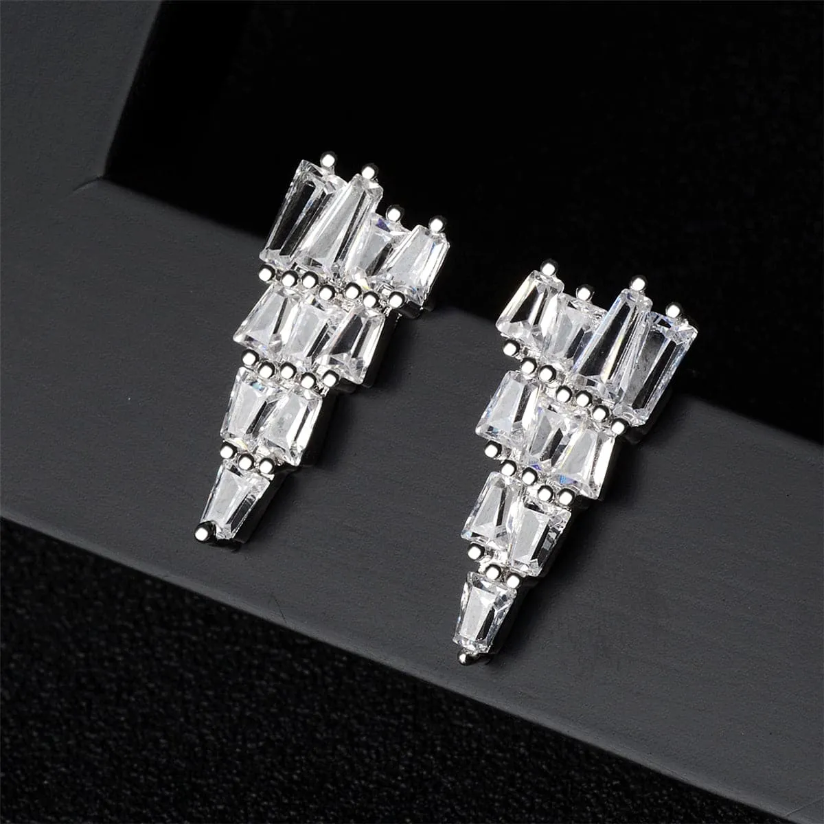 Cubic Zirconia & Silver-Plated Stacked Triangle Stud Earrings