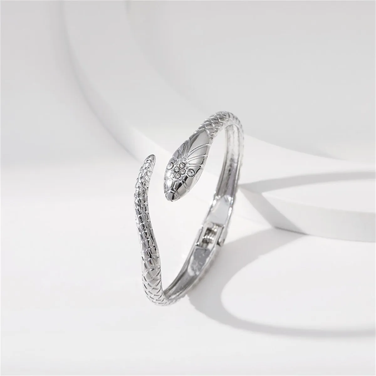 Cubic Zirconia & Silver-Plated Textured Snake Bypass Bangle