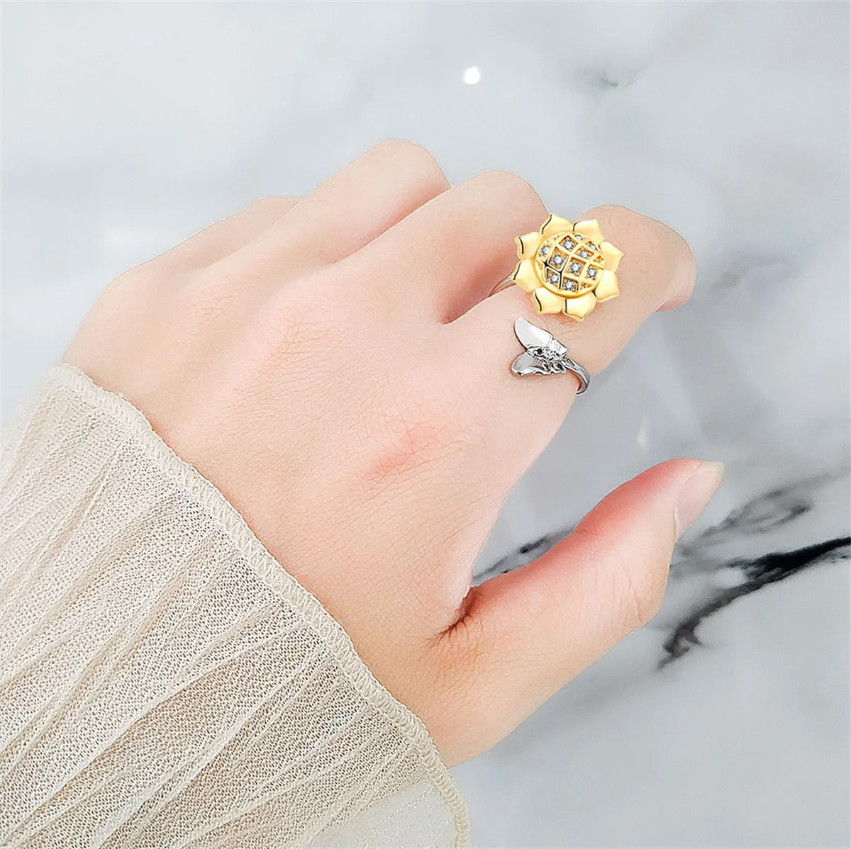 Cubic Zirconia & Two-Tone Rotating Sunflower Bypass Ring