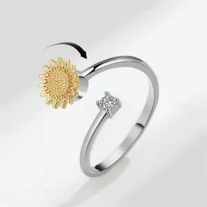 Cubic Zirconia & Two-Tone Rotating Sunflower Bypass Ring