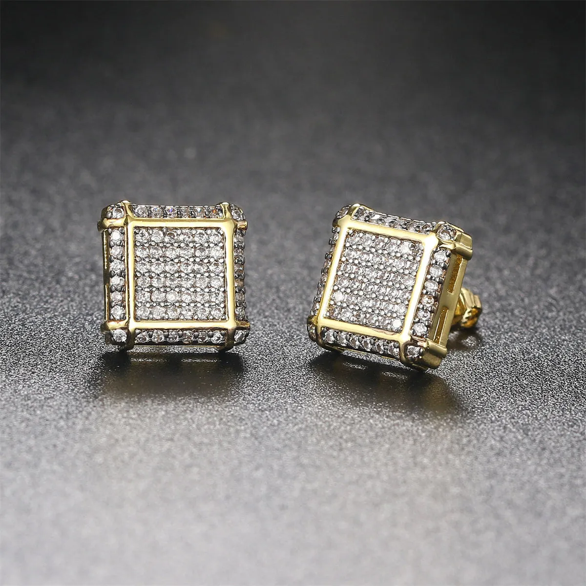 Cubic Zirconia & Two-Tone Stripe Square Stud Earrings