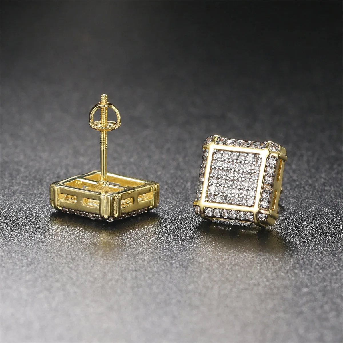 Cubic Zirconia & Two-Tone Stripe Square Stud Earrings