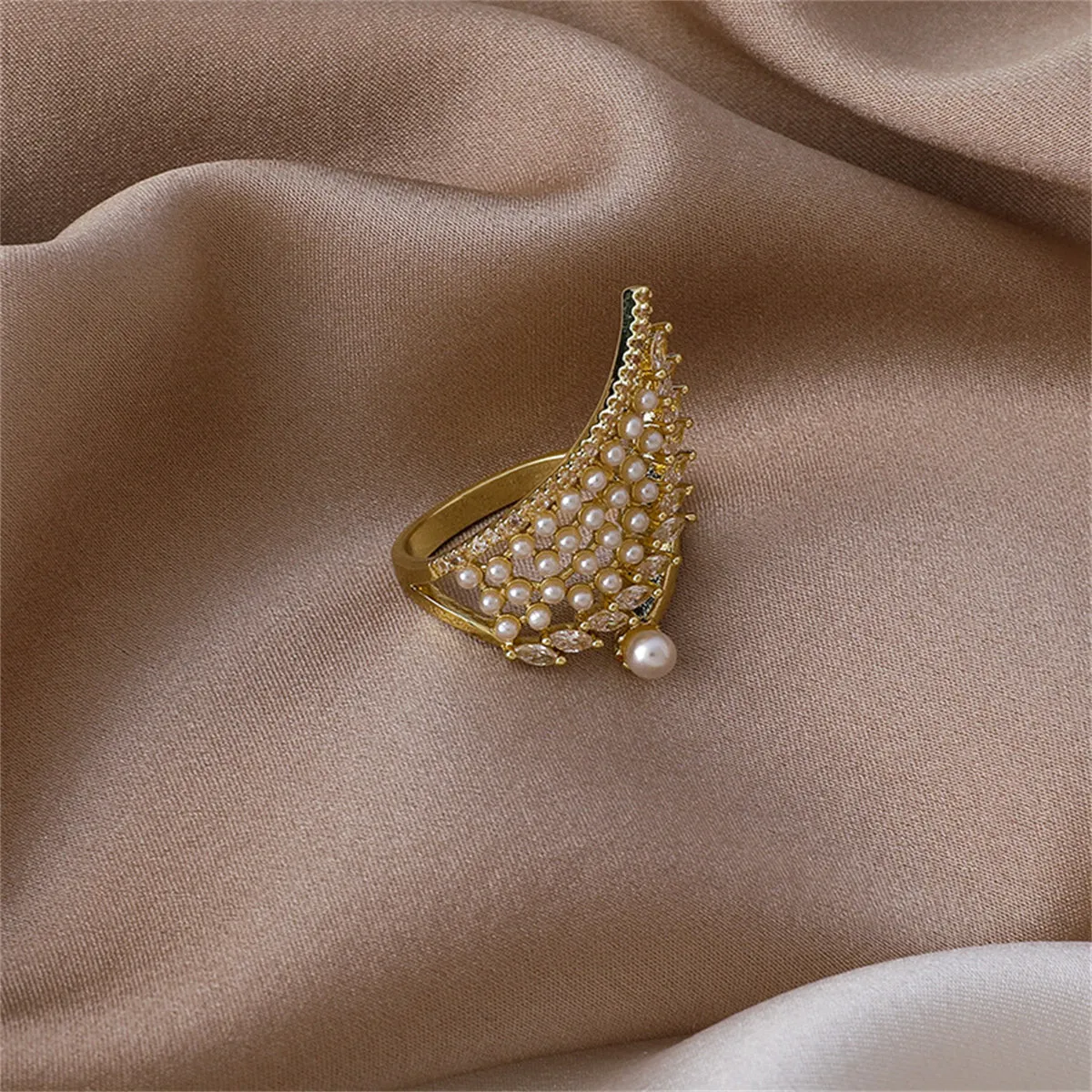 Cubic Zirconia & White Pearl 18K Gold-Plated Wing Bypass Ring