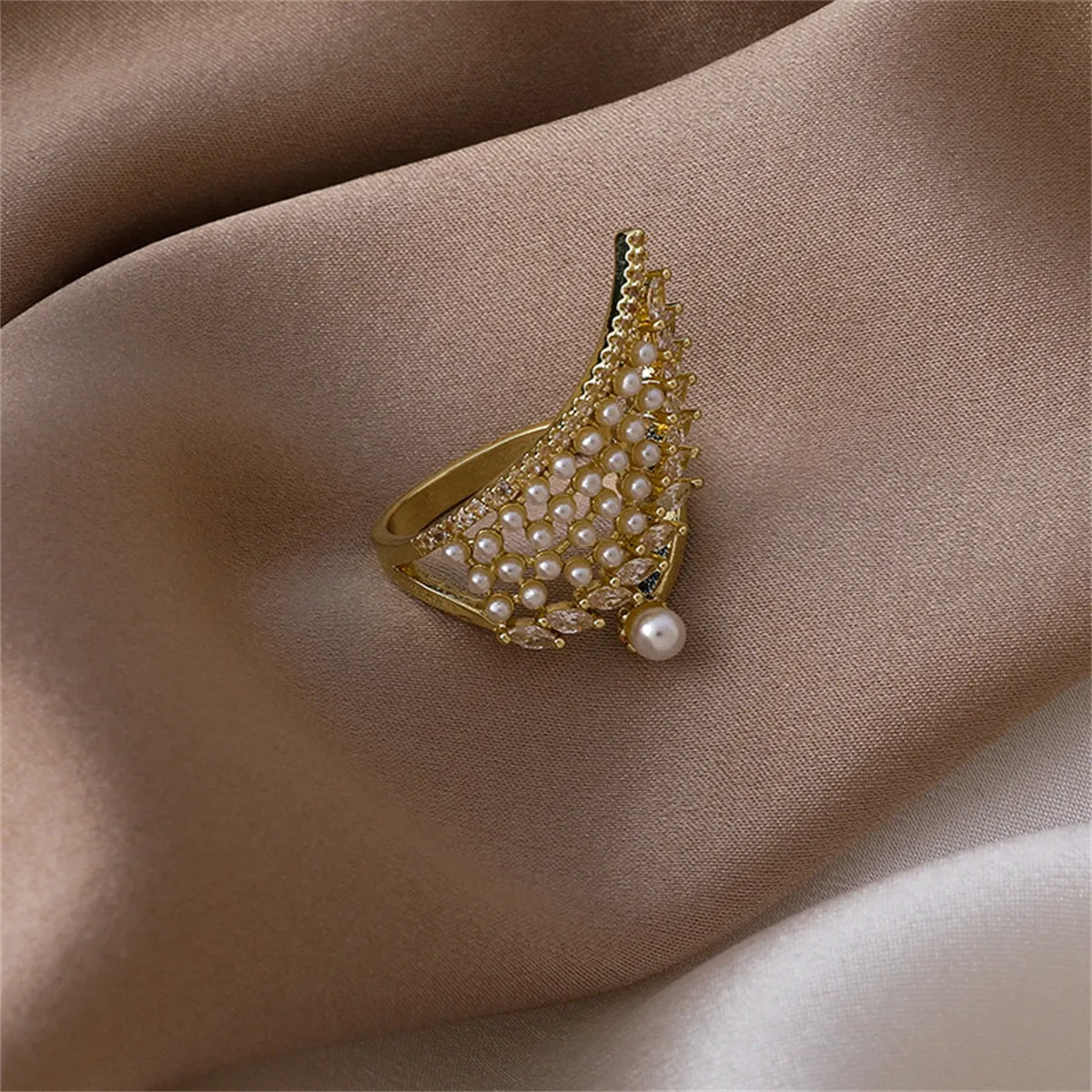 Cubic Zirconia & White Pearl 18K Gold-Plated Wing Bypass Ring