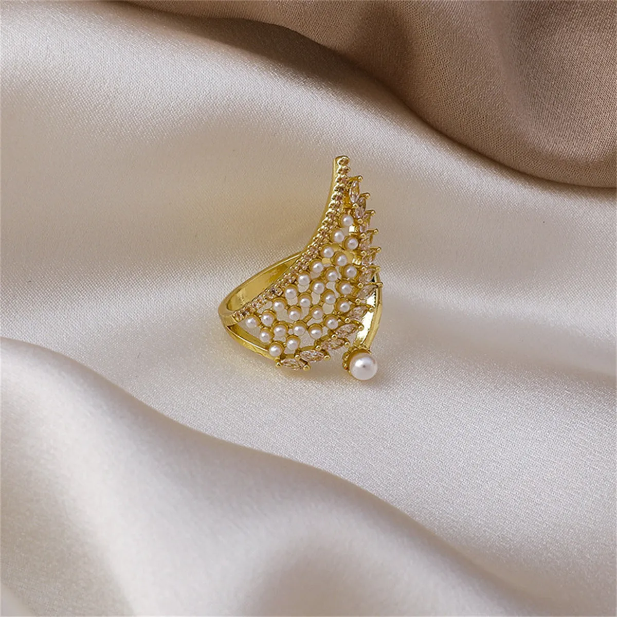 Cubic Zirconia & White Pearl 18K Gold-Plated Wing Bypass Ring