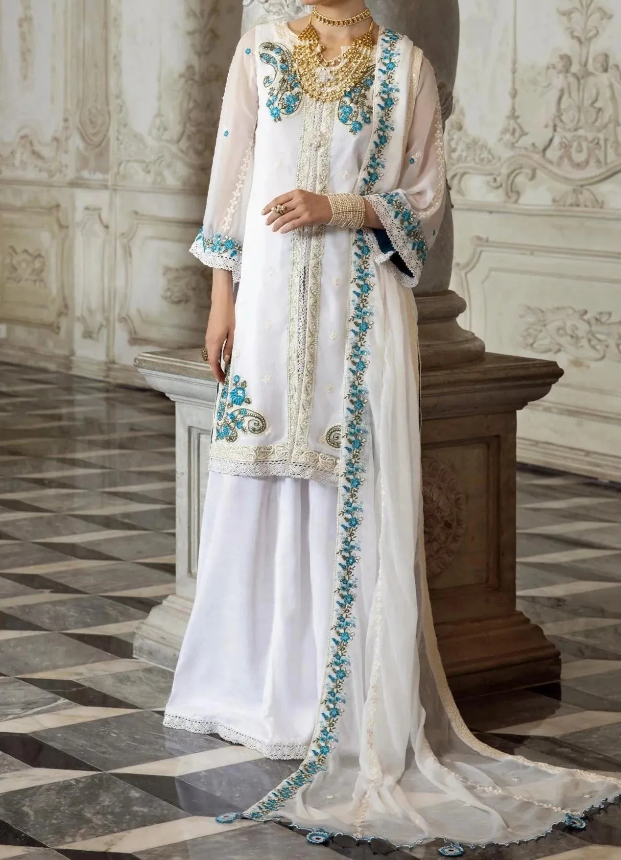 Daisy White - embroidered chiffon unstitched 3Pc Suit