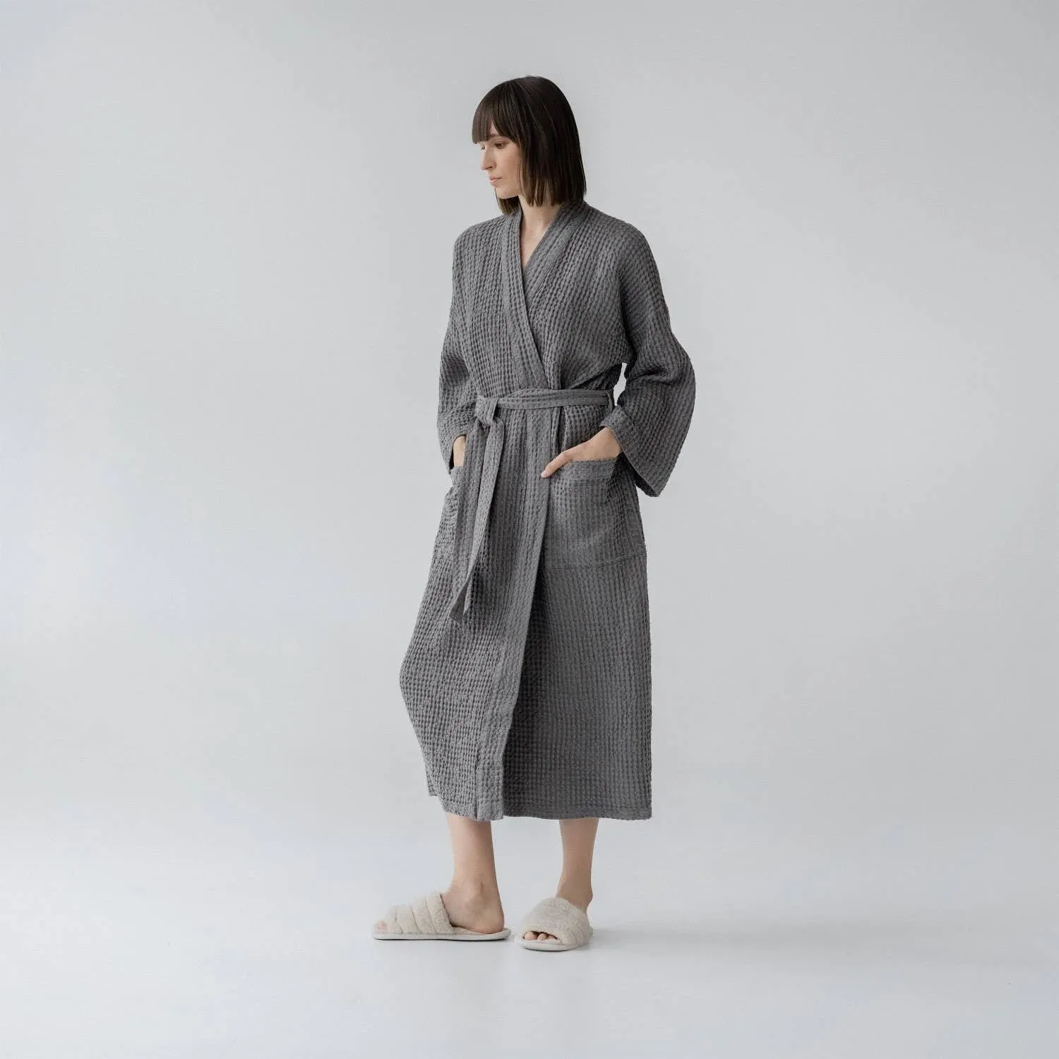 Dark Grey Linen & Cotton Honeycomb Waffle Bathrobe | S/M