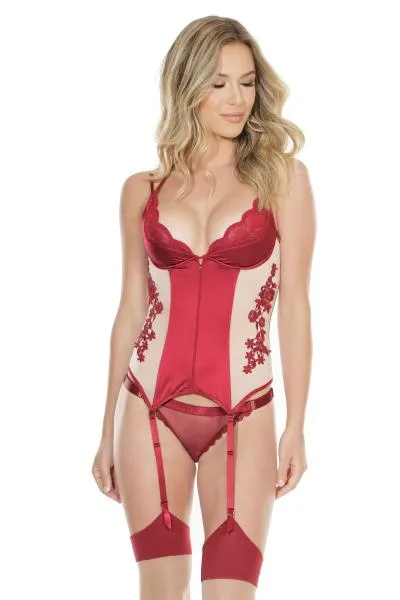 Demi Cup Bustier with Applique Details - Merlot/Nude -