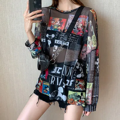 Disney Summer Famous Anime Mickey Mouse  Shirt Women Long Sleeve Blouse Ladies T-shirt