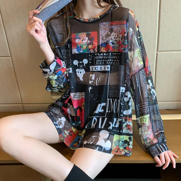 Disney Summer Famous Anime Mickey Mouse  Shirt Women Long Sleeve Blouse Ladies T-shirt