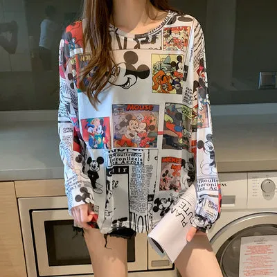 Disney Summer Famous Anime Mickey Mouse  Shirt Women Long Sleeve Blouse Ladies T-shirt