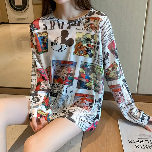 Disney Summer Famous Anime Mickey Mouse  Shirt Women Long Sleeve Blouse Ladies T-shirt