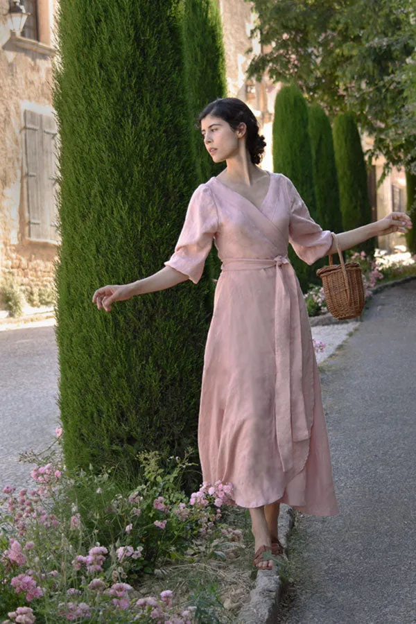 Edith Linen Wrap Dress in Rose (Pre-Order, Ships April 15)