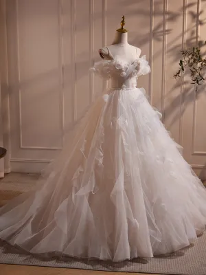 Fairy Off the Shoulder Flower Tulle Long Wedding Dress