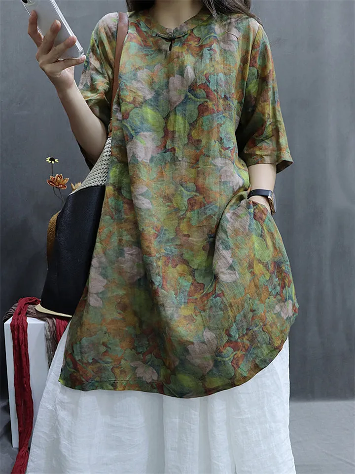 Female Mid-Length Floral Printed Chinese Button Knot Shirts