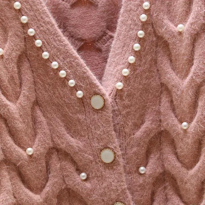 Female Sweet Pearl V-neck Knitted Cardigan Women's Autumn and Winter Versatile Short Knitted Tops