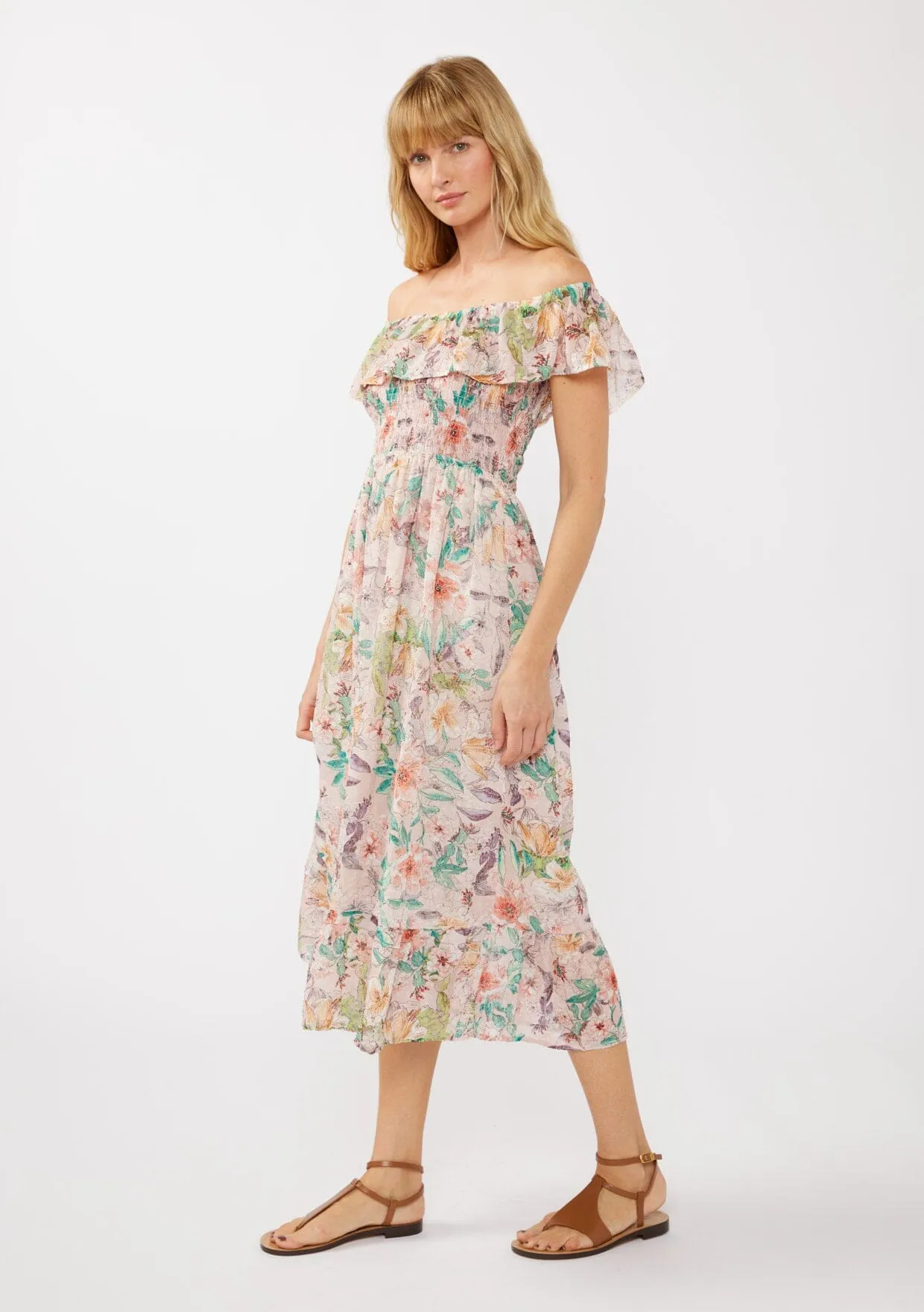 Floral Dust Off Shoulder Midi Dress