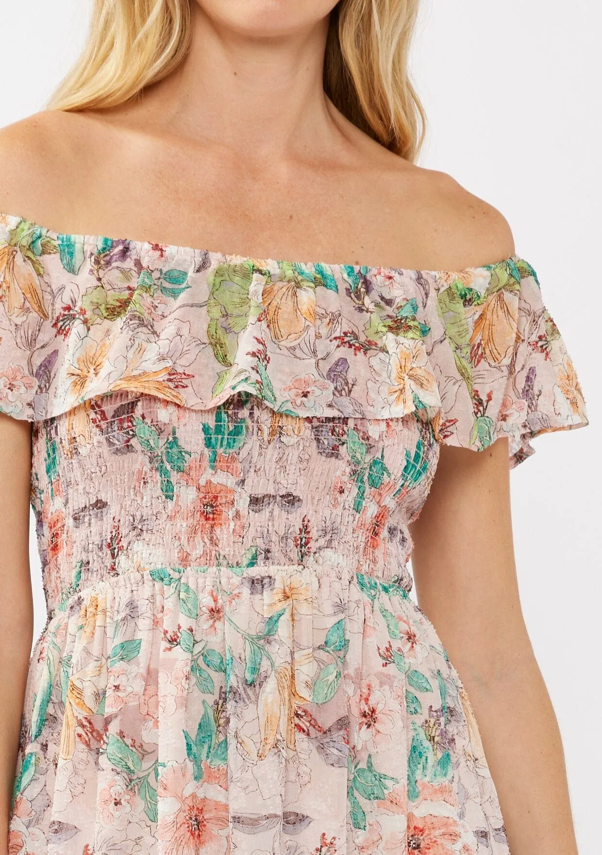 Floral Dust Off Shoulder Midi Dress
