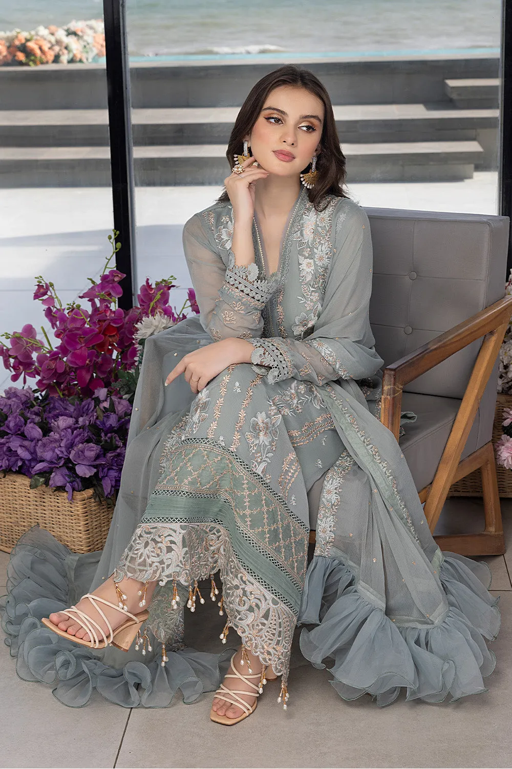 Floral Fringe |  Azure Ensembles Chiffon 3PCS 2023