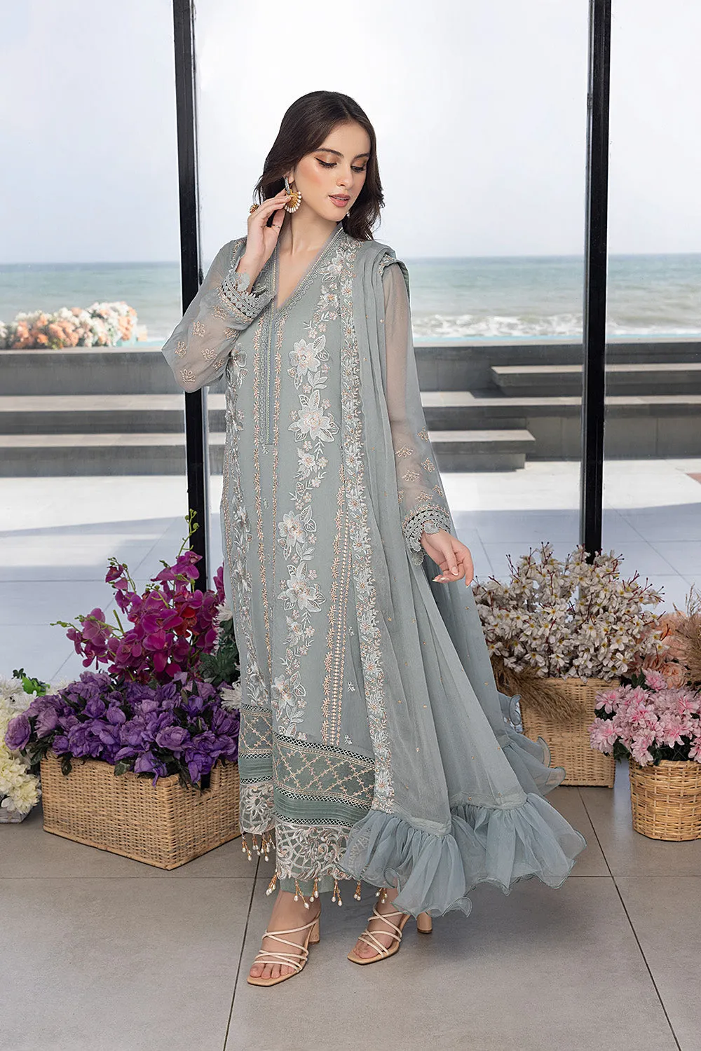 Floral Fringe |  Azure Ensembles Chiffon 3PCS 2023