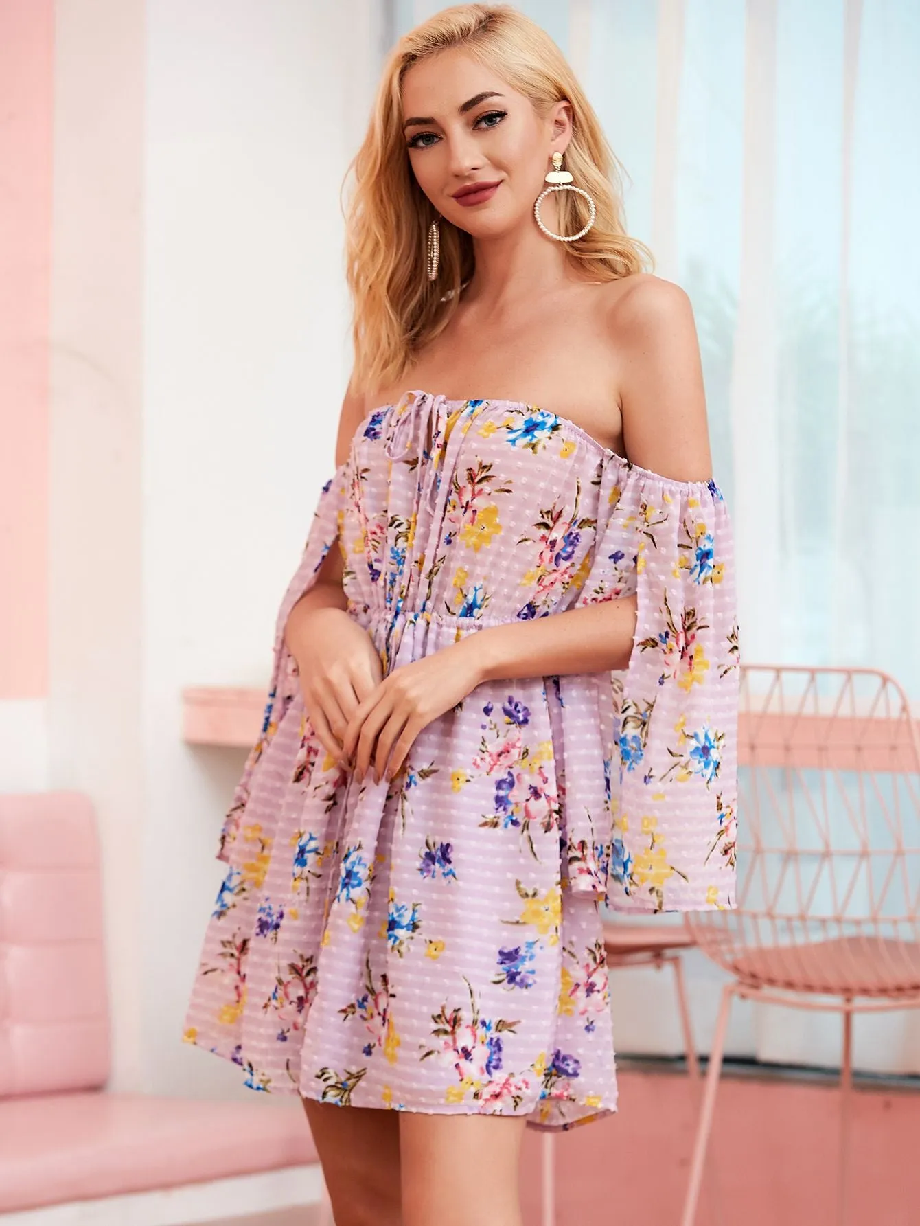 Flower off shoulder long sleeve dress