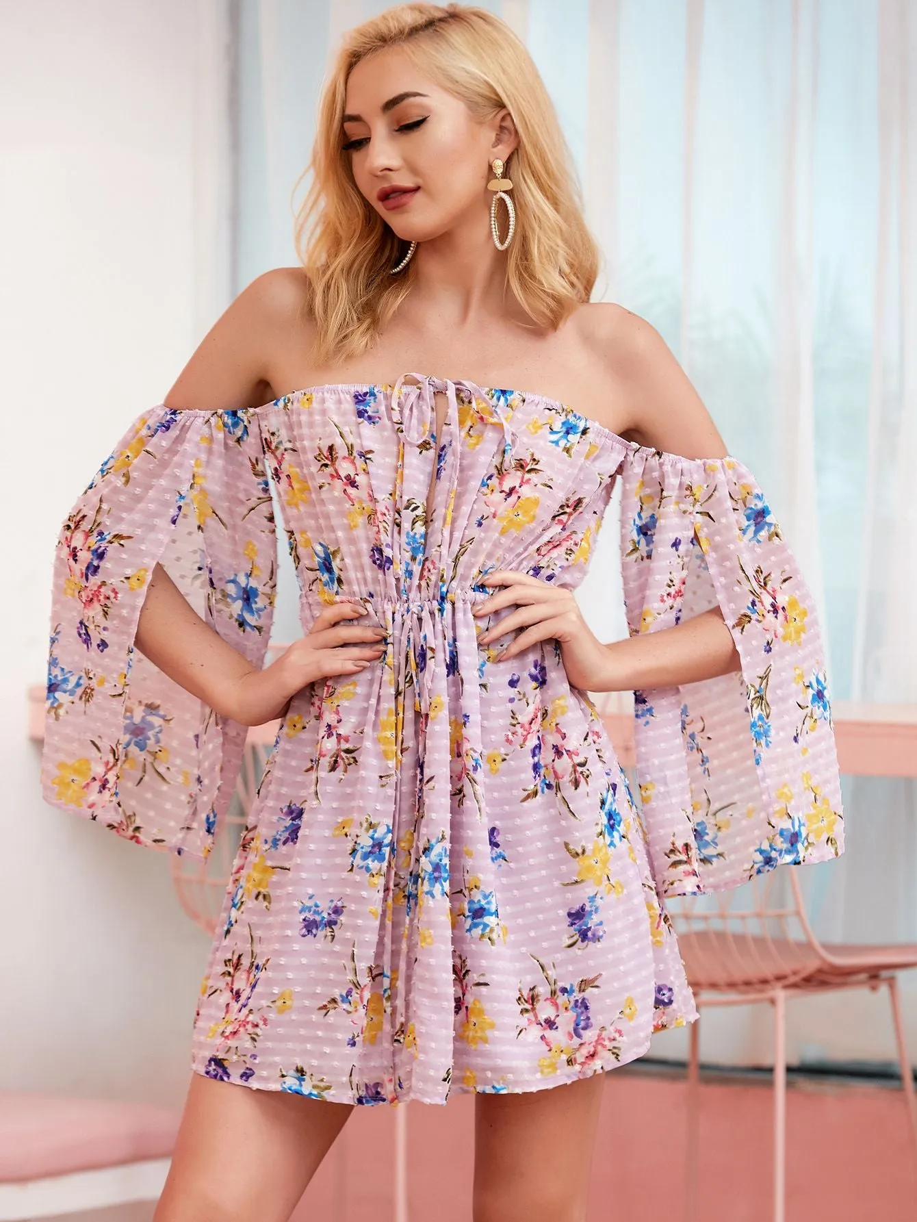 Flower off shoulder long sleeve dress