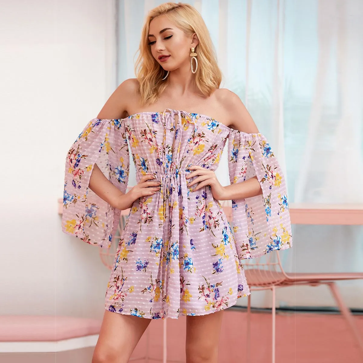Flower off shoulder long sleeve dress