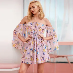 Flower off shoulder long sleeve dress