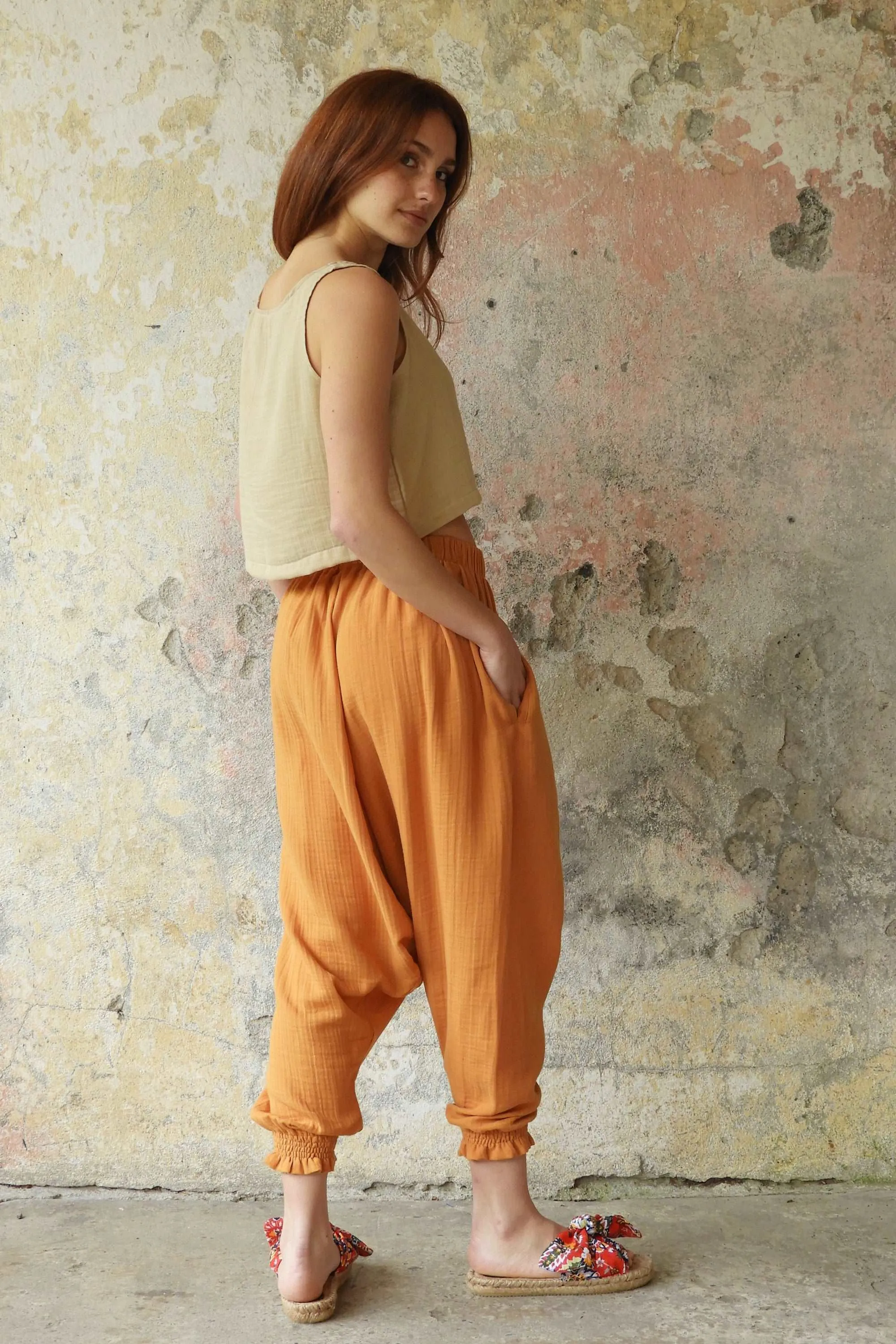 GAIA Women's Organic Gauze Cotton Harem Pants (Red, Terra Cotta, Caramel)