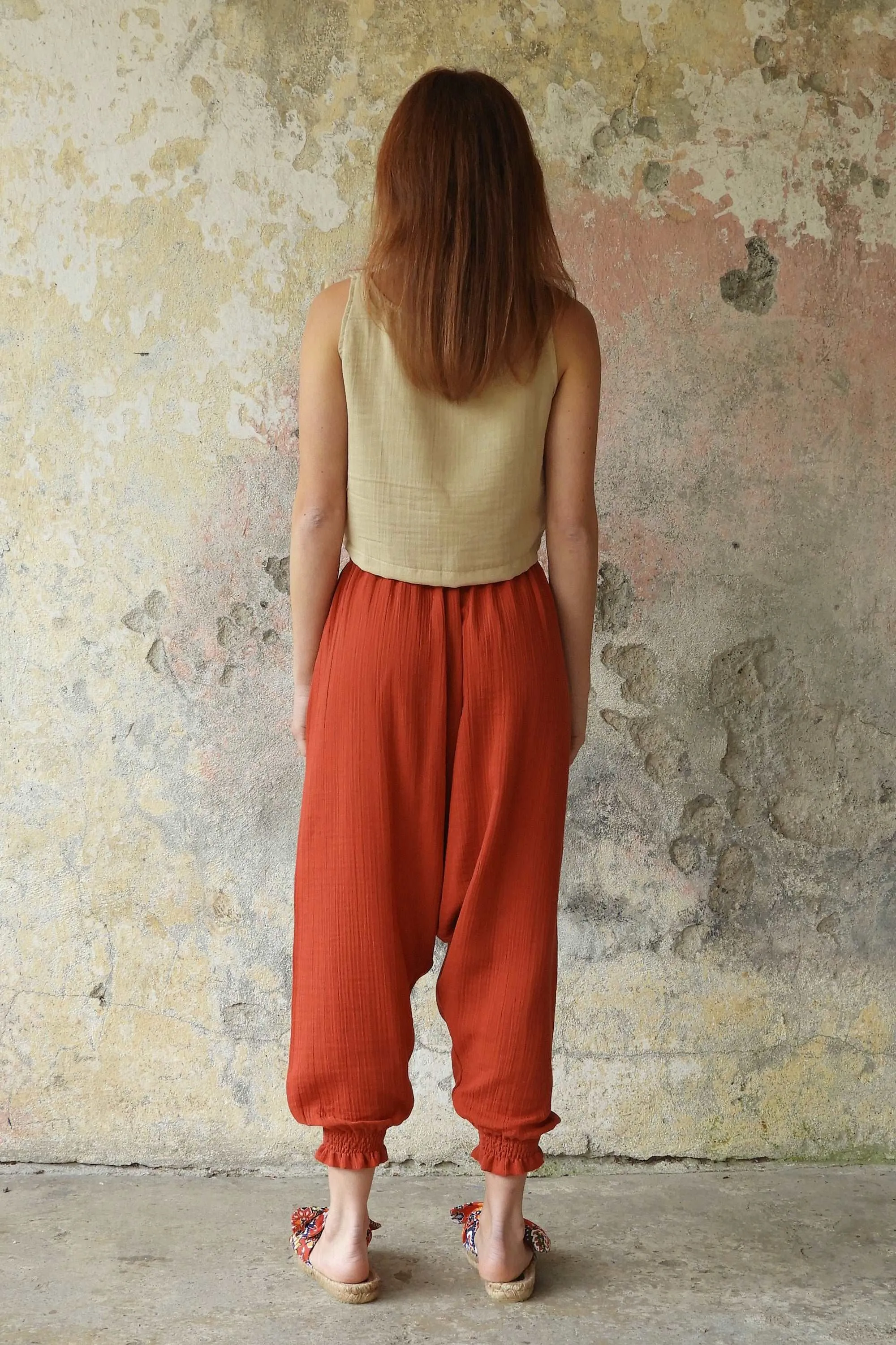 GAIA Women's Organic Gauze Cotton Harem Pants (Red, Terra Cotta, Caramel)