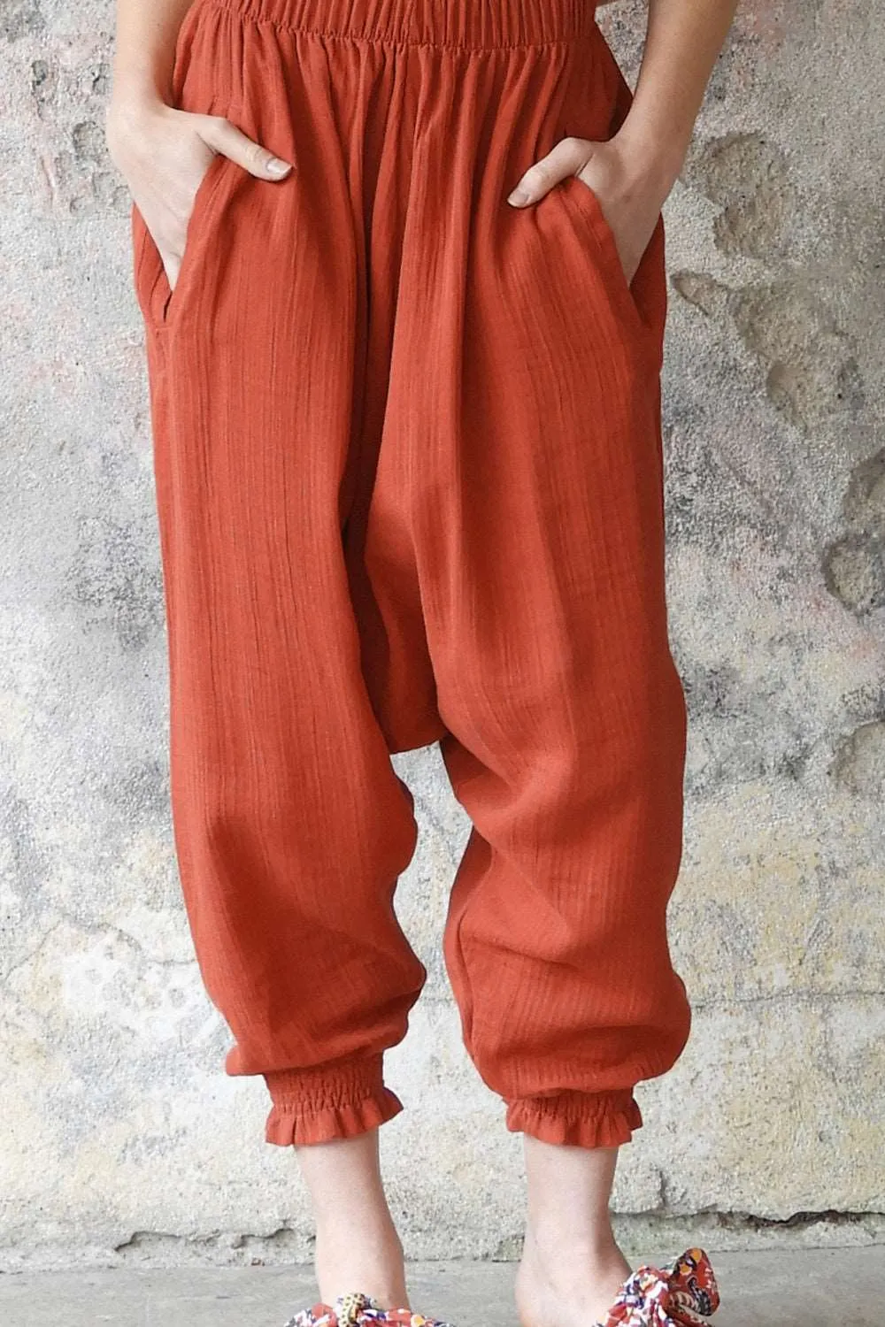 GAIA Women's Organic Gauze Cotton Harem Pants (Red, Terra Cotta, Caramel)