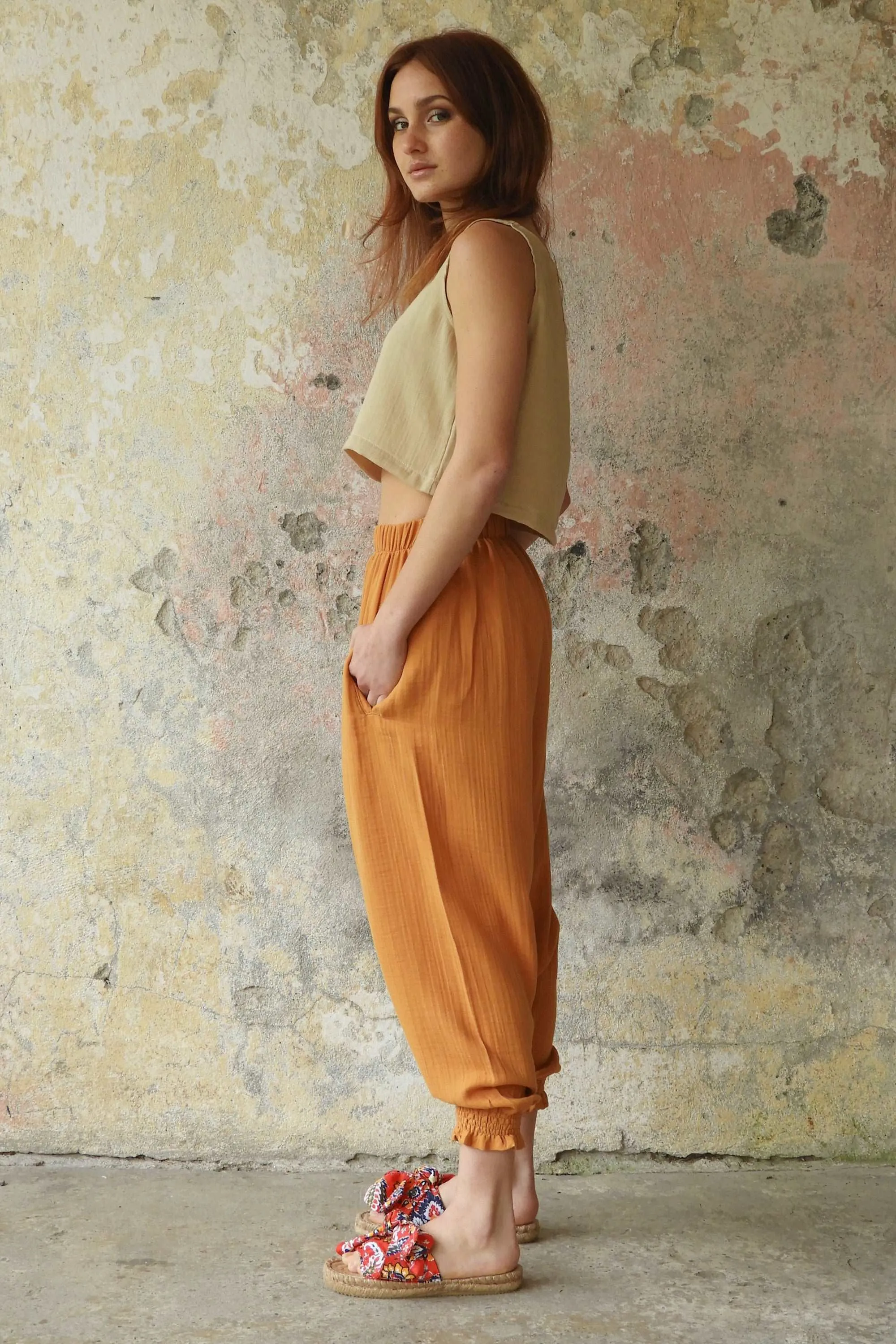 GAIA Women's Organic Gauze Cotton Harem Pants (Red, Terra Cotta, Caramel)