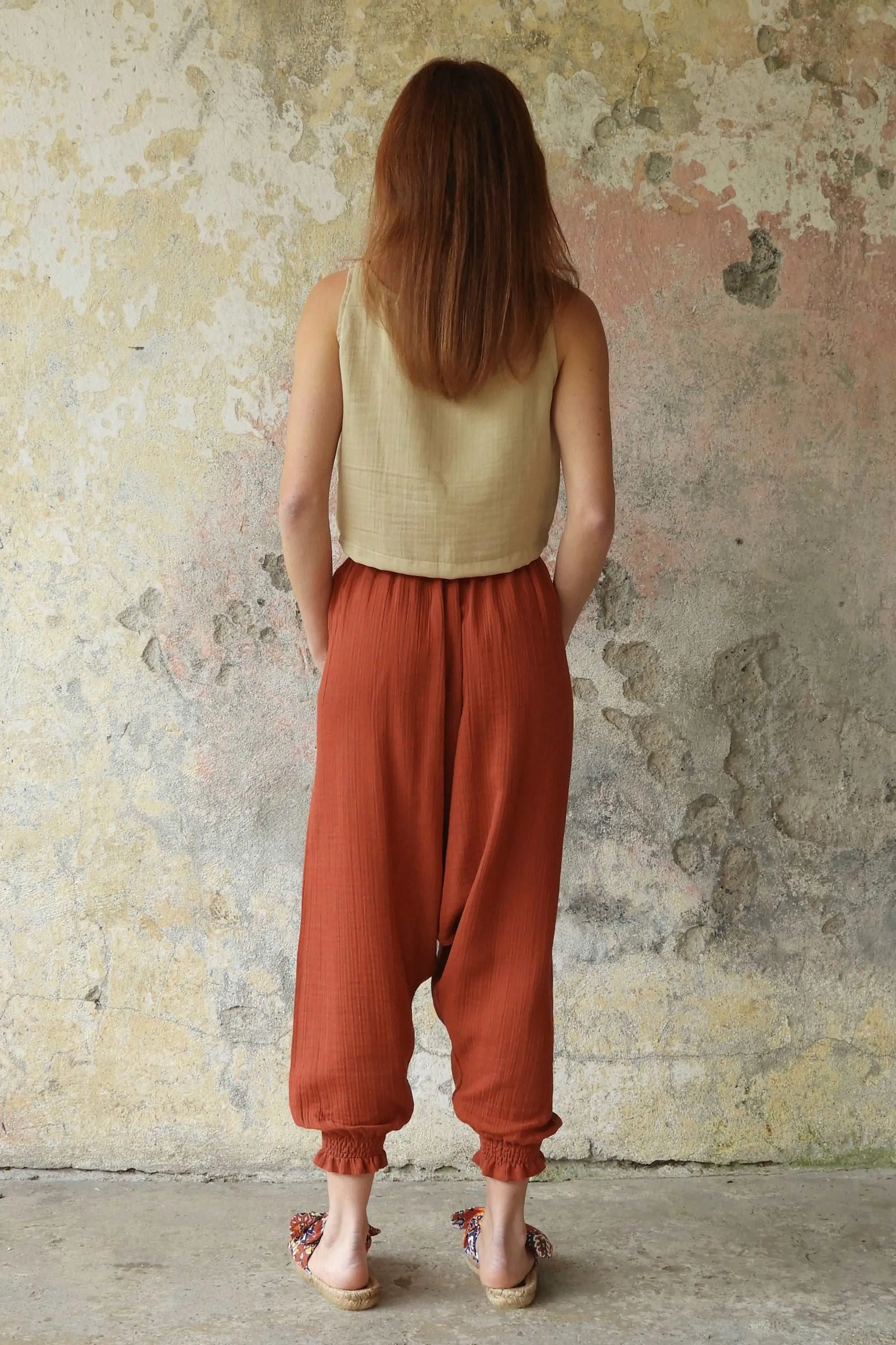 GAIA Women's Organic Gauze Cotton Harem Pants (Red, Terra Cotta, Caramel)