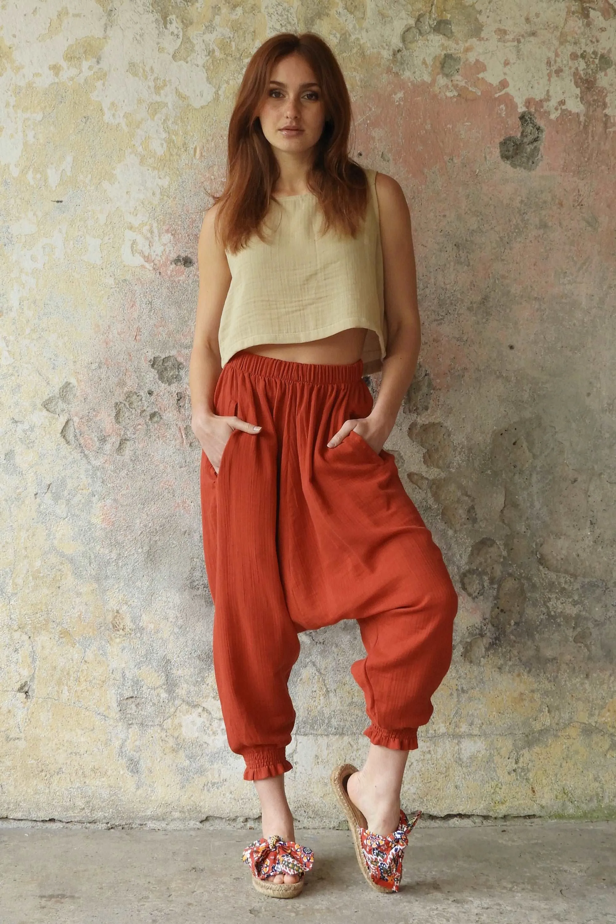 GAIA Women's Organic Gauze Cotton Harem Pants (Red, Terra Cotta, Caramel)