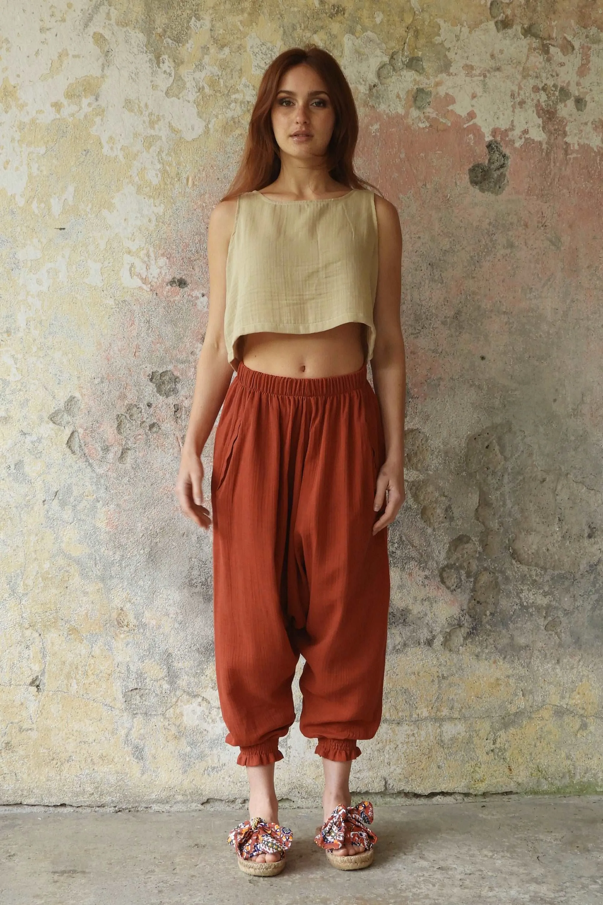 GAIA Women's Organic Gauze Cotton Harem Pants (Red, Terra Cotta, Caramel)