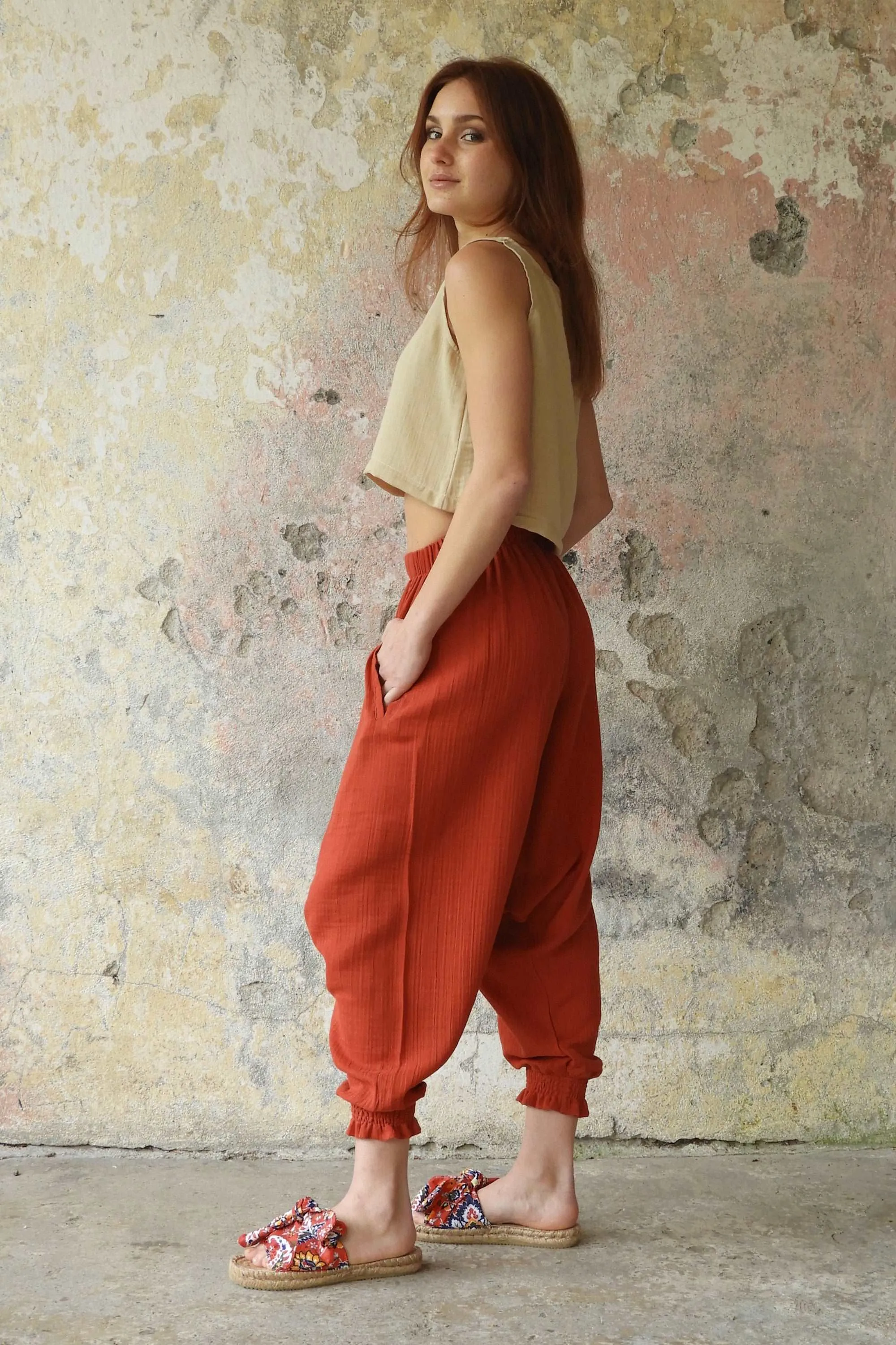 GAIA Women's Organic Gauze Cotton Harem Pants (Red, Terra Cotta, Caramel)
