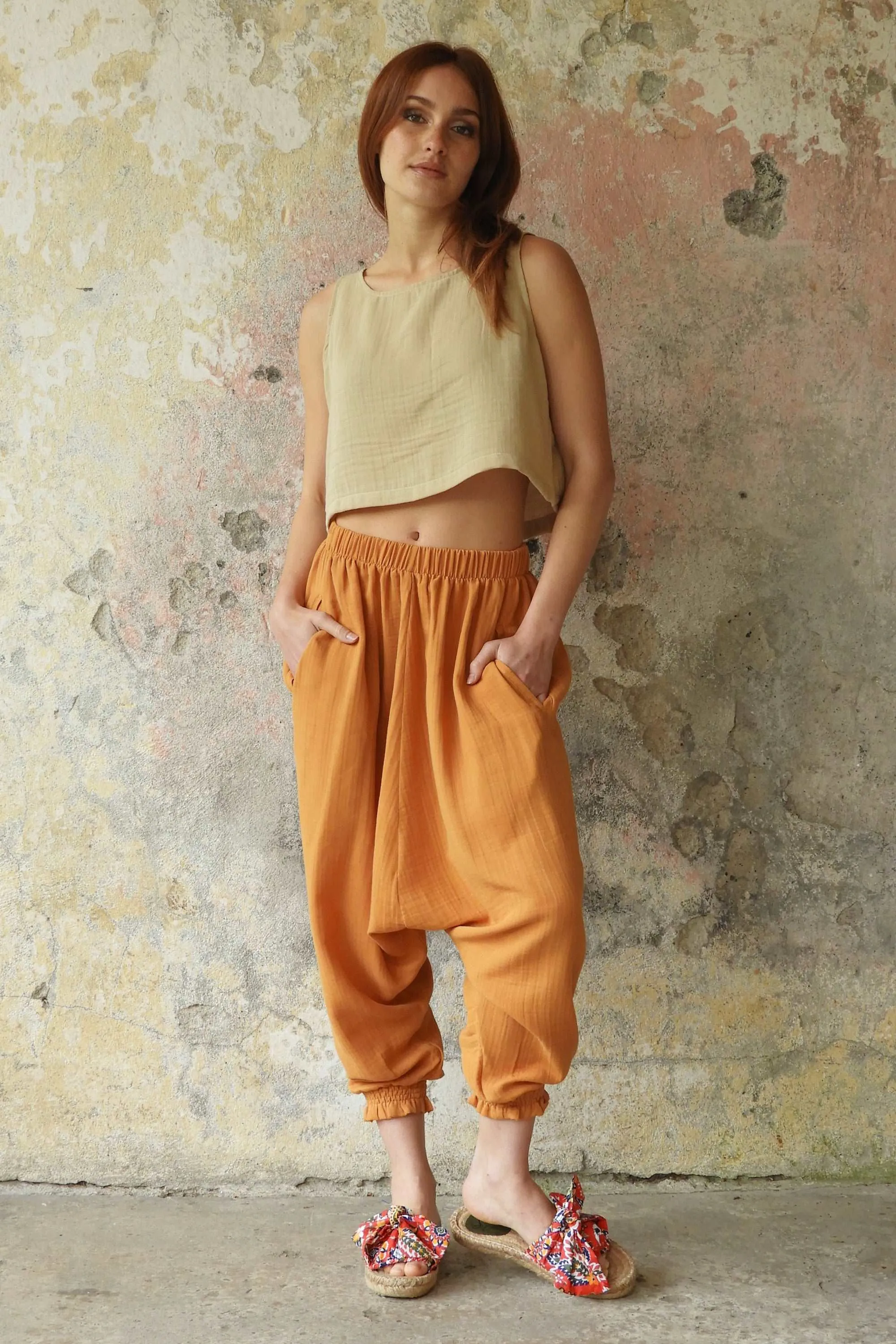 GAIA Women's Organic Gauze Cotton Harem Pants (Red, Terra Cotta, Caramel)