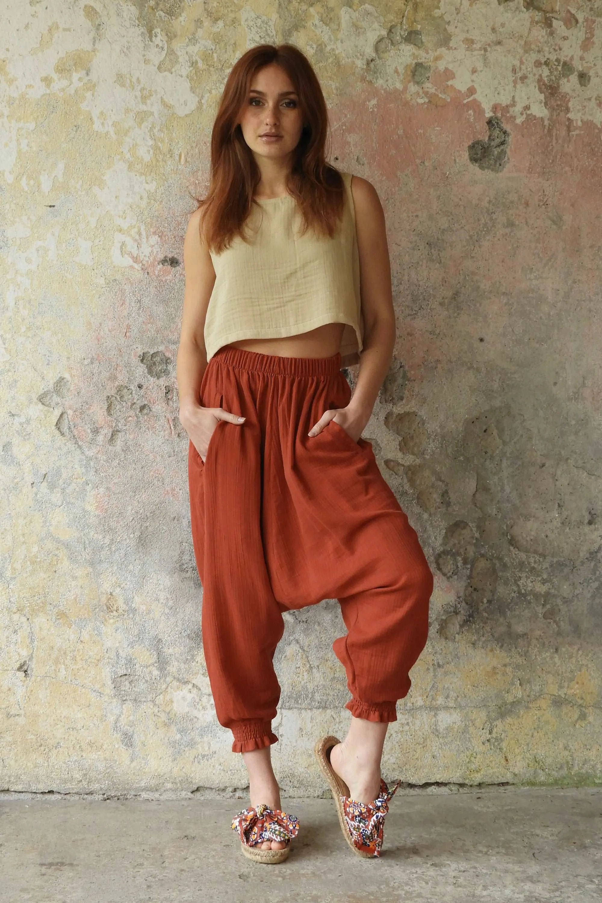 GAIA Women's Organic Gauze Cotton Harem Pants (Red, Terra Cotta, Caramel)