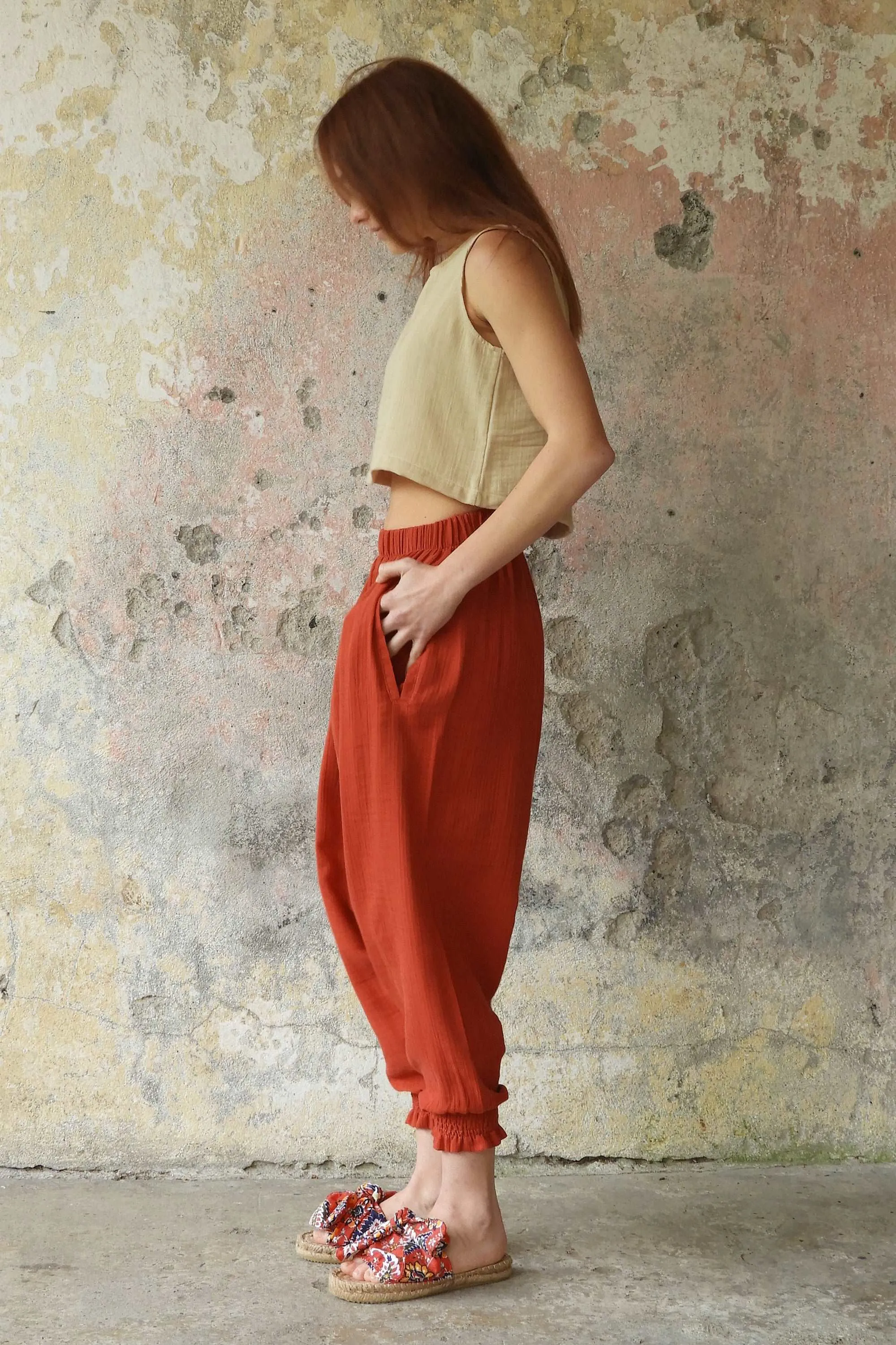 GAIA Women's Organic Gauze Cotton Harem Pants (Red, Terra Cotta, Caramel)