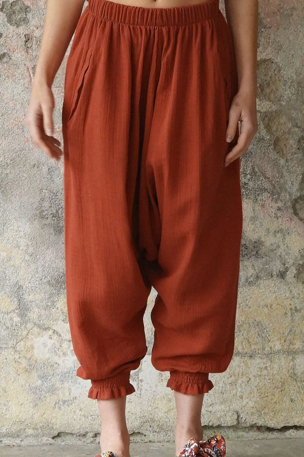 GAIA Women's Organic Gauze Cotton Harem Pants (Red, Terra Cotta, Caramel)