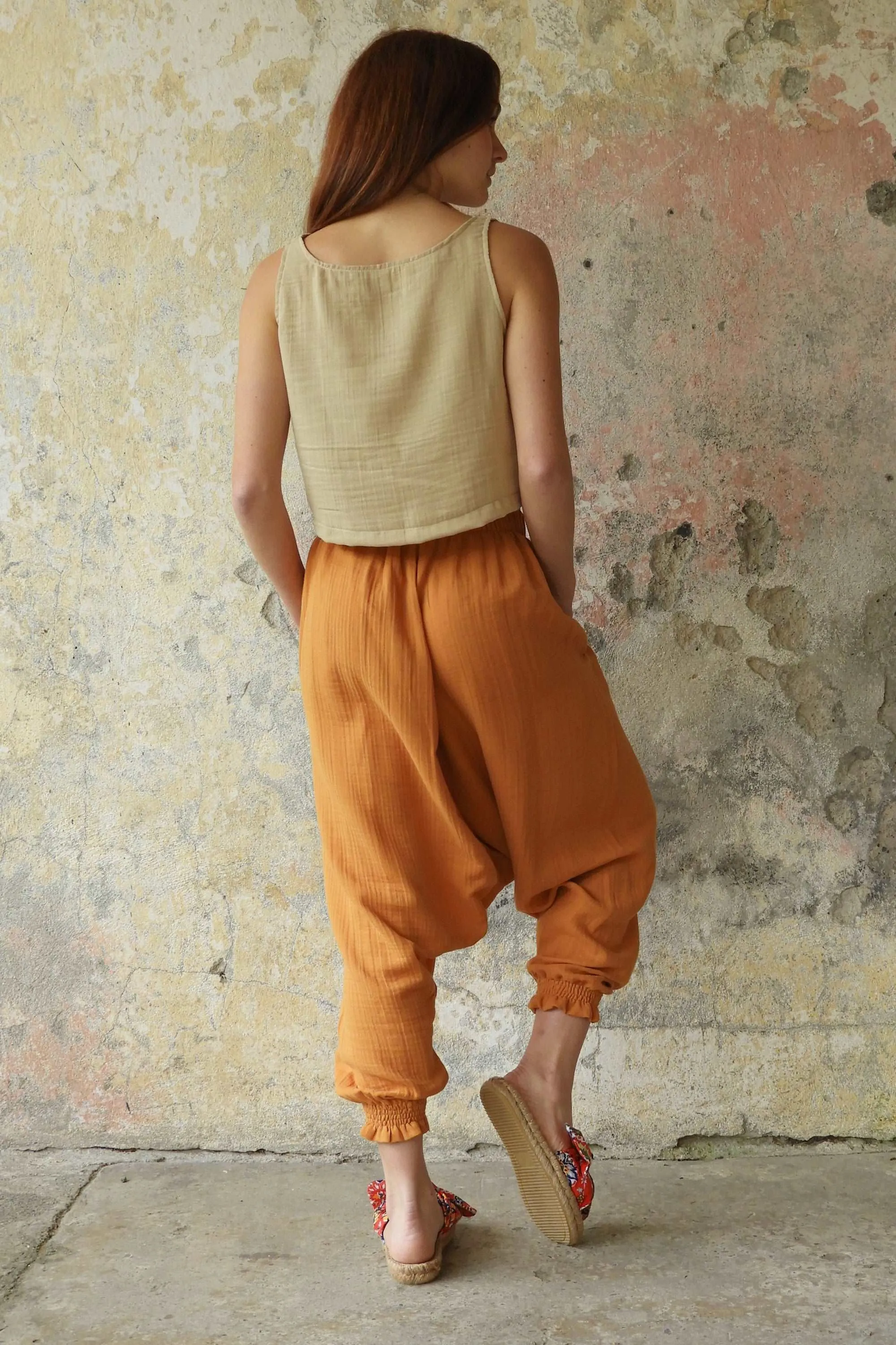 GAIA Women's Organic Gauze Cotton Harem Pants (Red, Terra Cotta, Caramel)