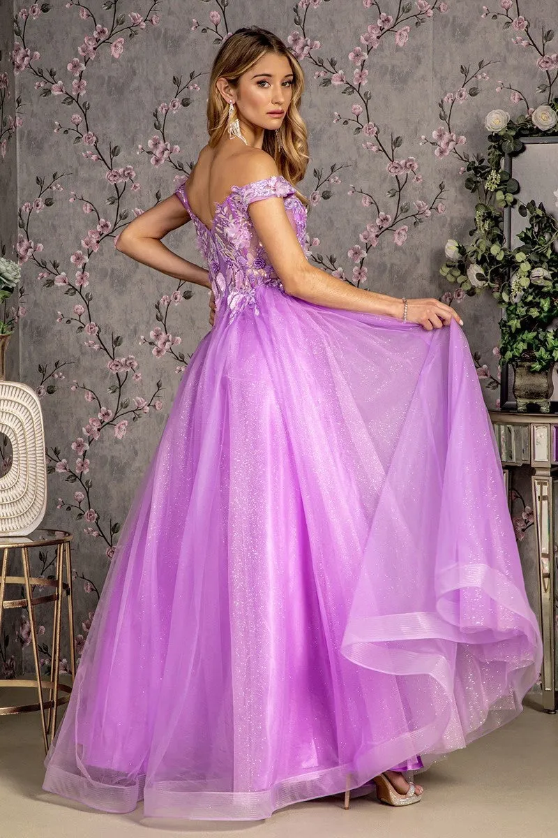 GL 3443 - Off the Shoulders Shimmer Tulle A-Line Prom Gown with 3D Floral Embroidered V-Neck Bodice