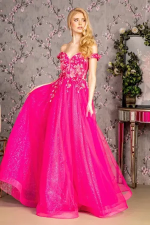 GL 3443 - Off the Shoulders Shimmer Tulle A-Line Prom Gown with 3D Floral Embroidered V-Neck Bodice