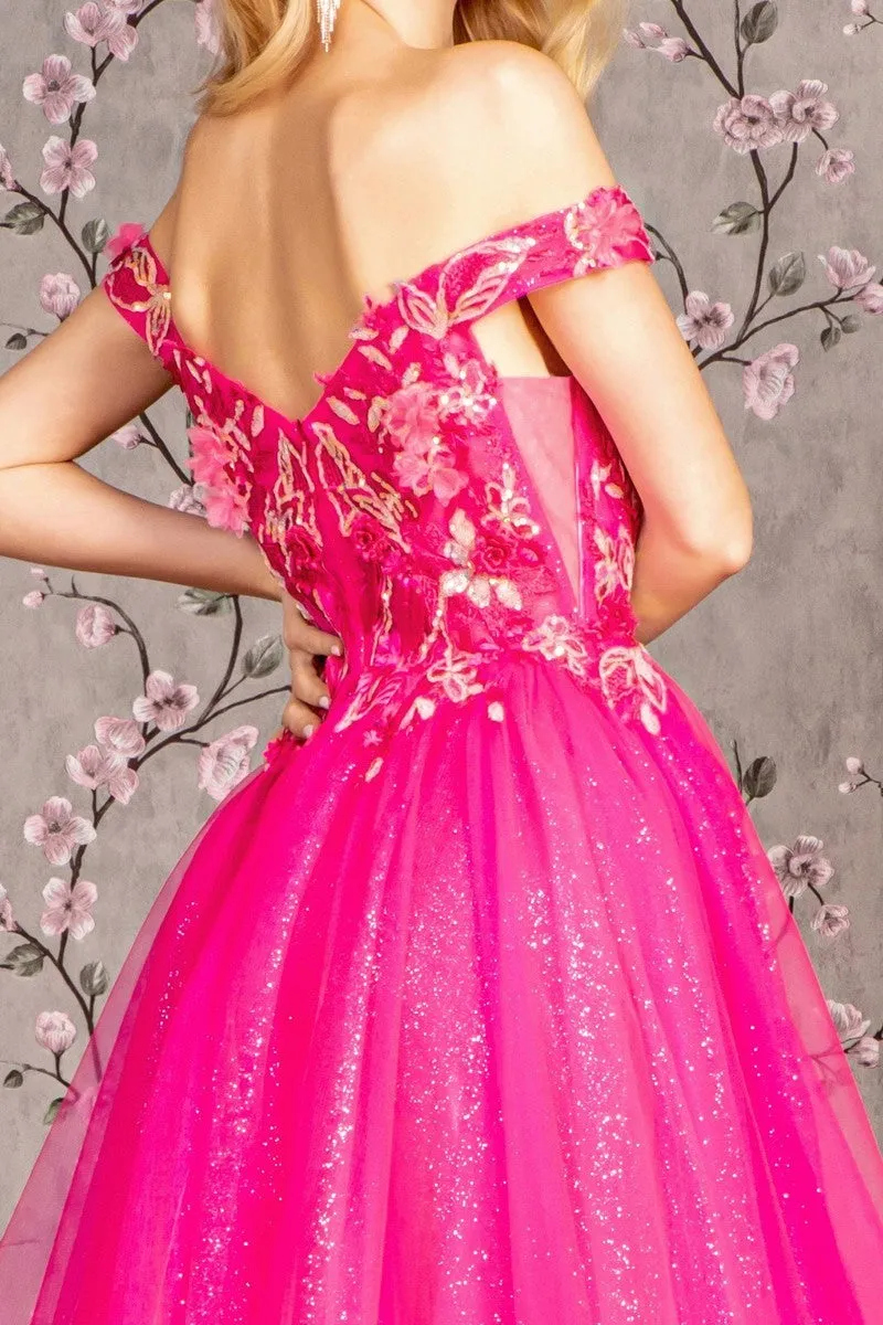 GL 3443 - Off the Shoulders Shimmer Tulle A-Line Prom Gown with 3D Floral Embroidered V-Neck Bodice