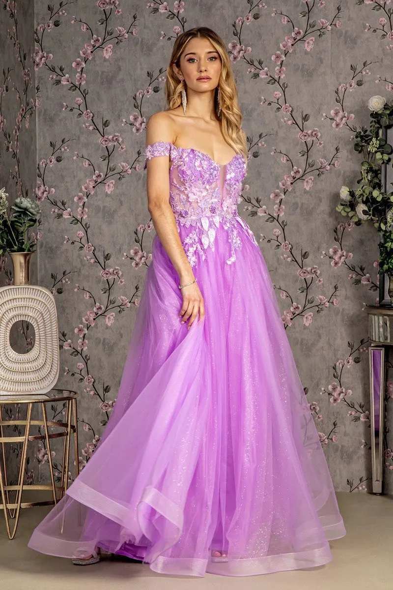 GL 3443 - Off the Shoulders Shimmer Tulle A-Line Prom Gown with 3D Floral Embroidered V-Neck Bodice